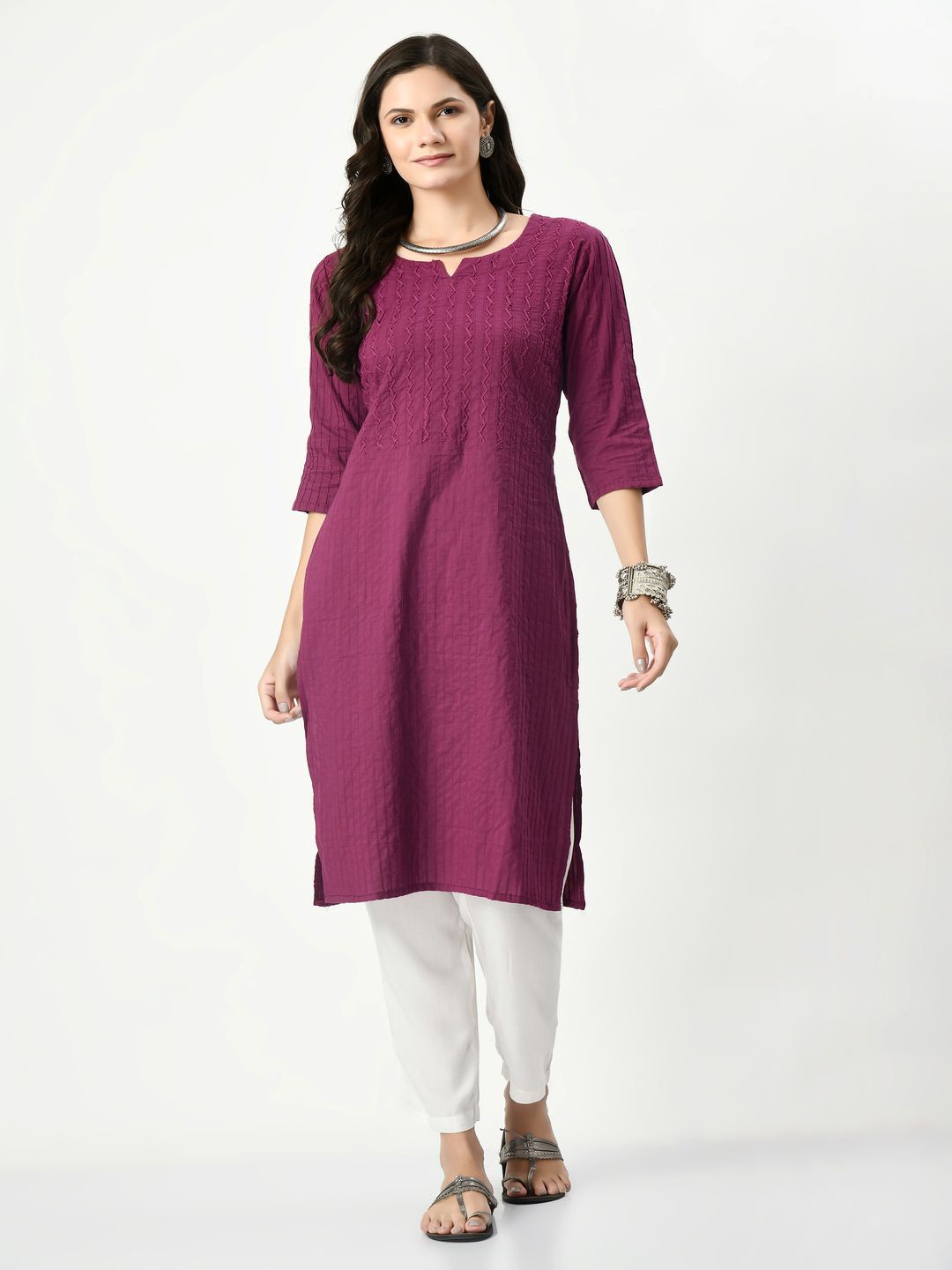 

MAURYA Beads & Stones Pin Tucks Notch Neck Pure Cotton Straight Kurta, Purple