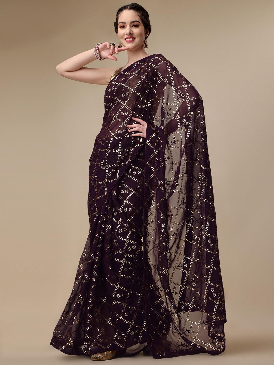 

THE52 Embellished Sequined Saree, Brown