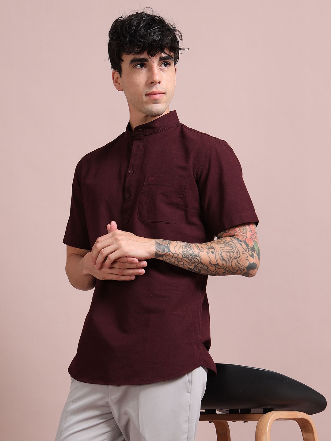 

RIGS AND RAGS Men Classic Fit Mandarin Collar Solid Linen Casual Shirt, Maroon