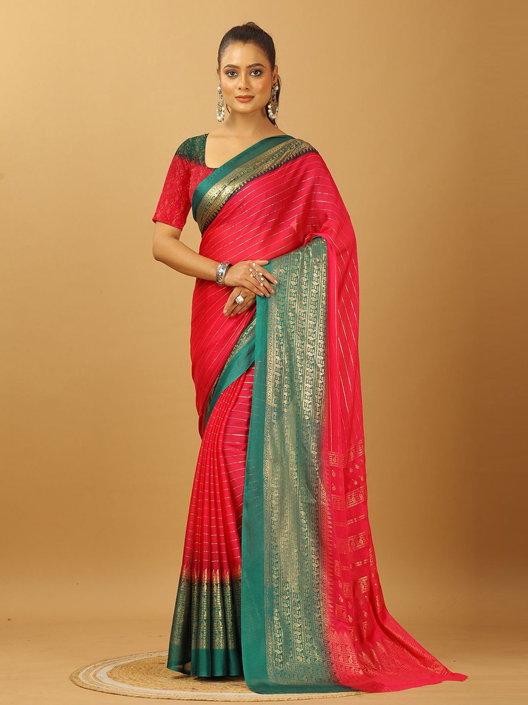 

VIRENDRA TEXTILES Woven Design Striped Pure Crepe Saree, Rose