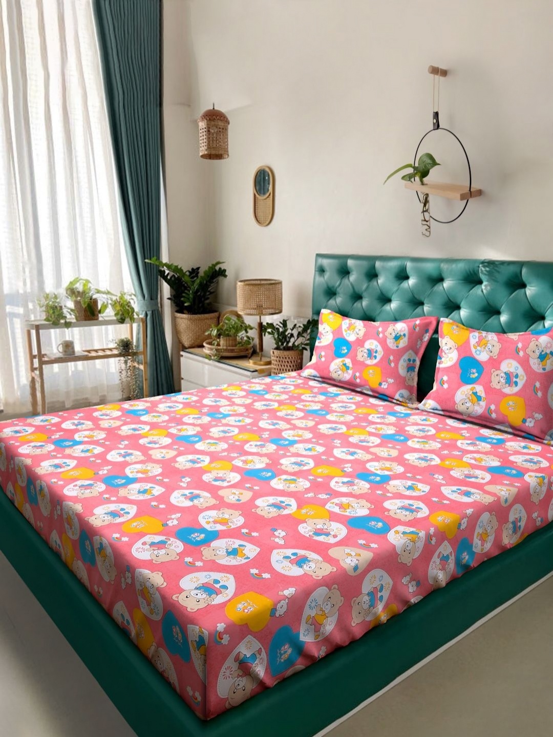 

KLOTTHE Pink & Blue Printed Pure Cotton 400 TC Double Bedsheet Set 2.5 m x 2.25 m