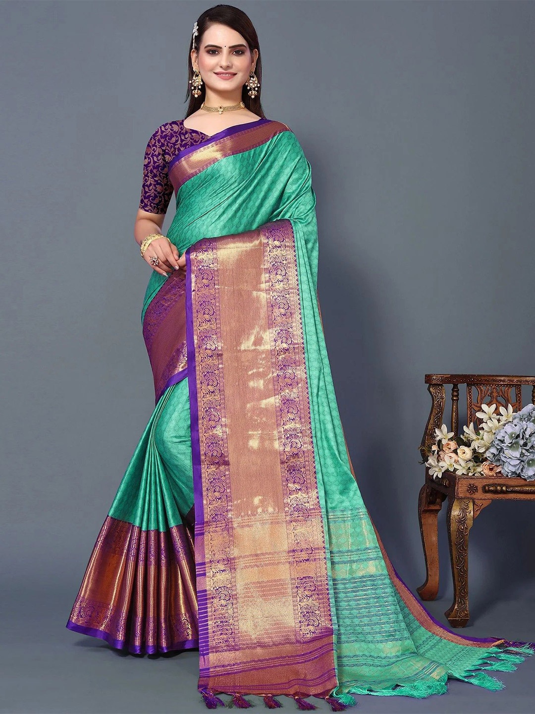 

SILKWEAR Ethnic Motifs Woven Design Zari Narayan Peth Saree, Blue