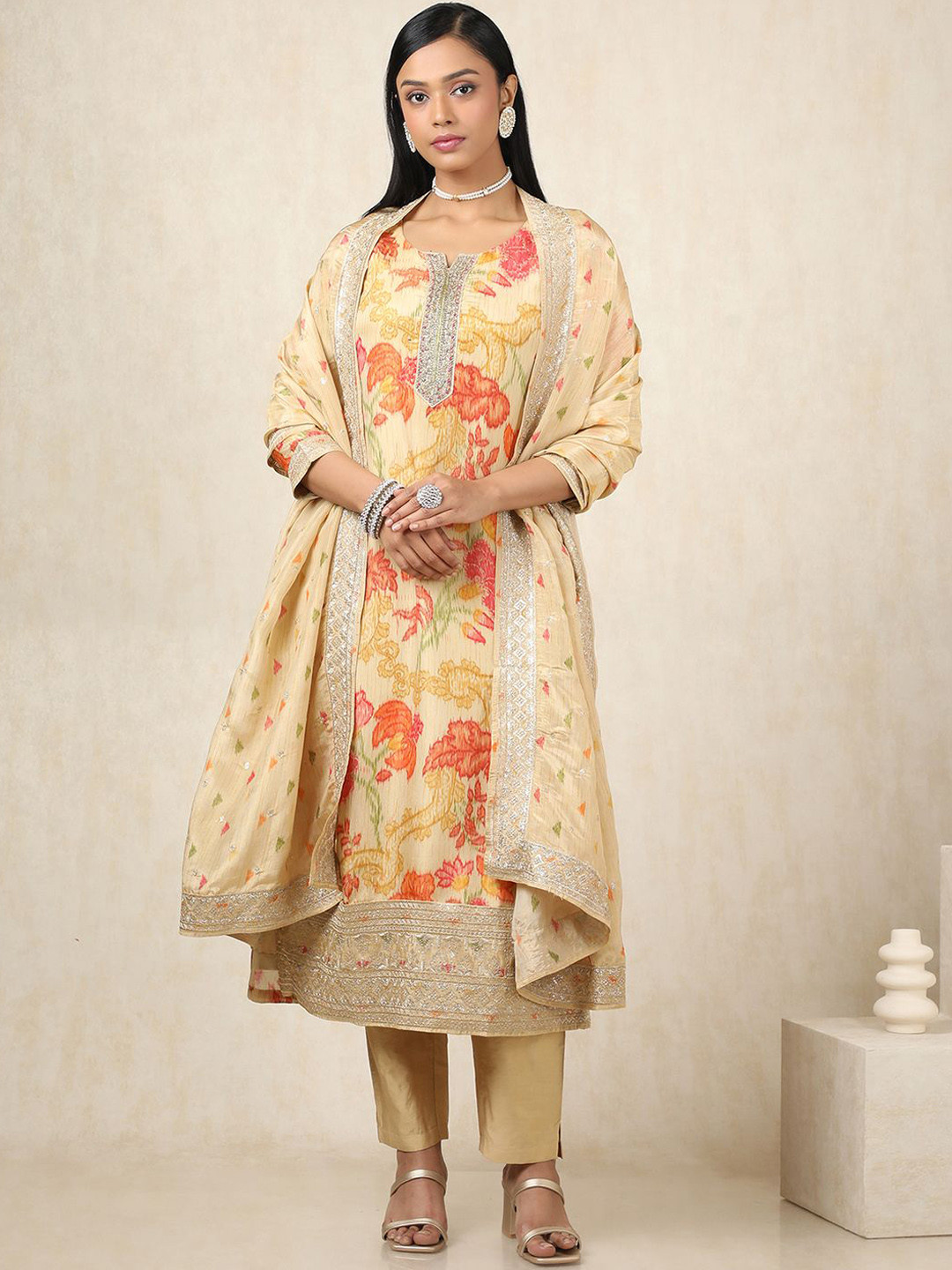 

Soch Floral Botanical Printed Notch Neck Sequinned Tissue Kurta With Trousers & Dupatta, Beige