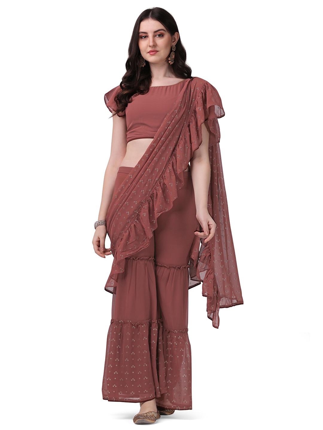 

FAB GALAXY Sequinned Ready to Wear Saree, Brown