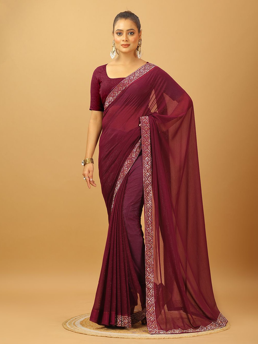 

VIRENDRA TEXTILES Beads and Stones Pure Chiffon Saree, Burgundy