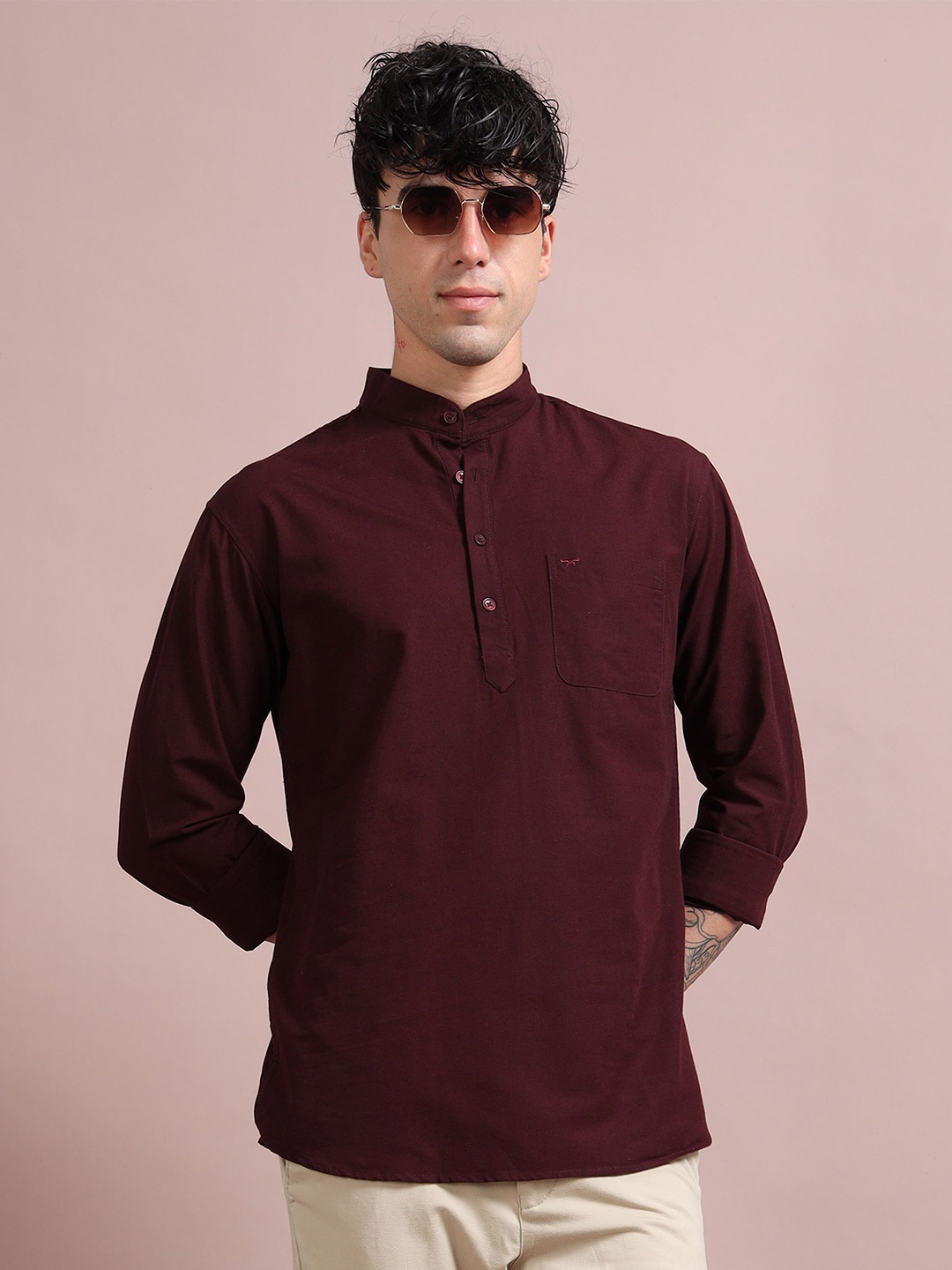 

RIGS AND RAGS Men Classic Fit Mandarin Collar Solid Linen Casual Shirt, Maroon