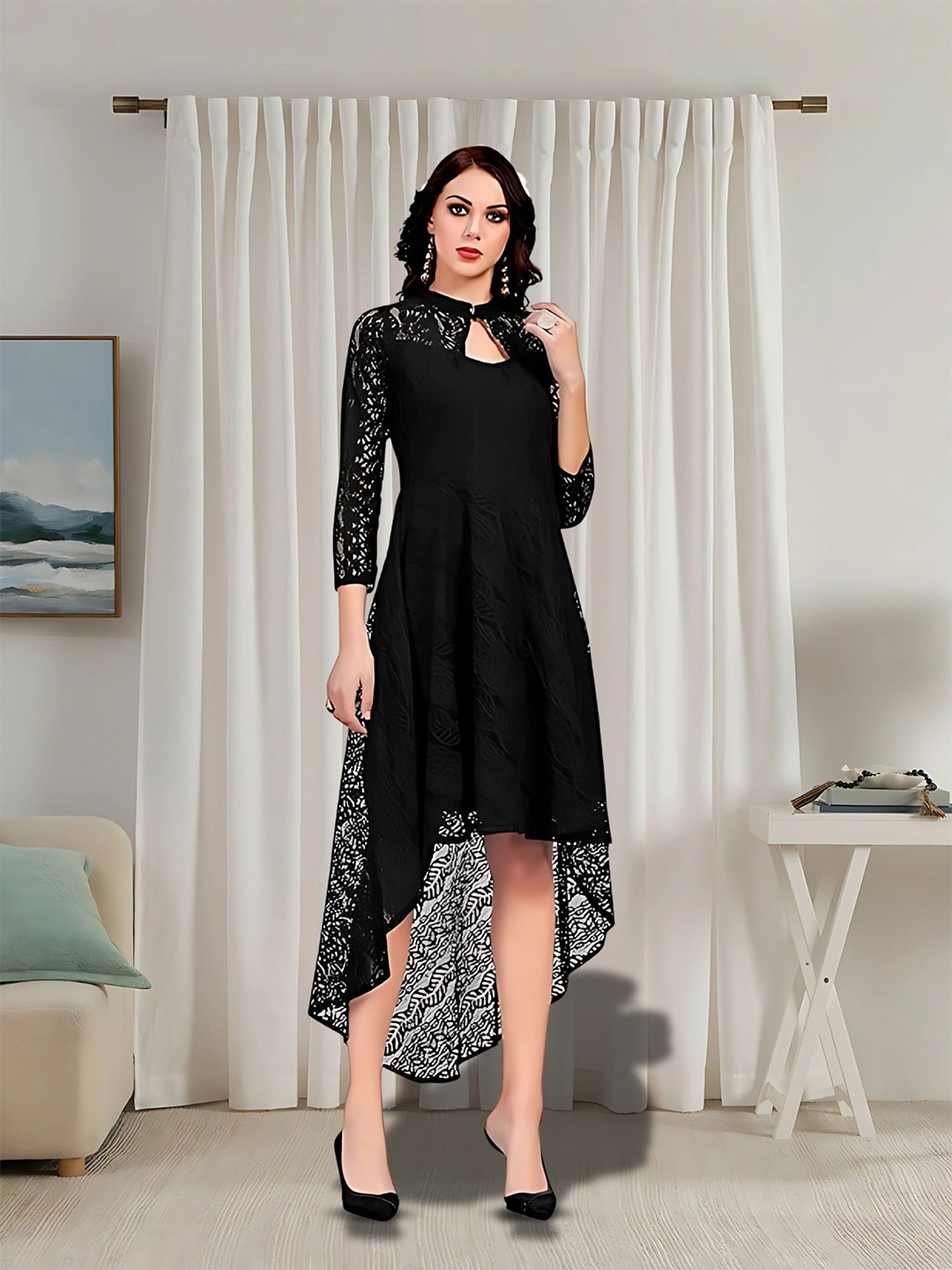 

Zelzis Women Self Design Keyhole Neck High Low A-Line Dress, Black