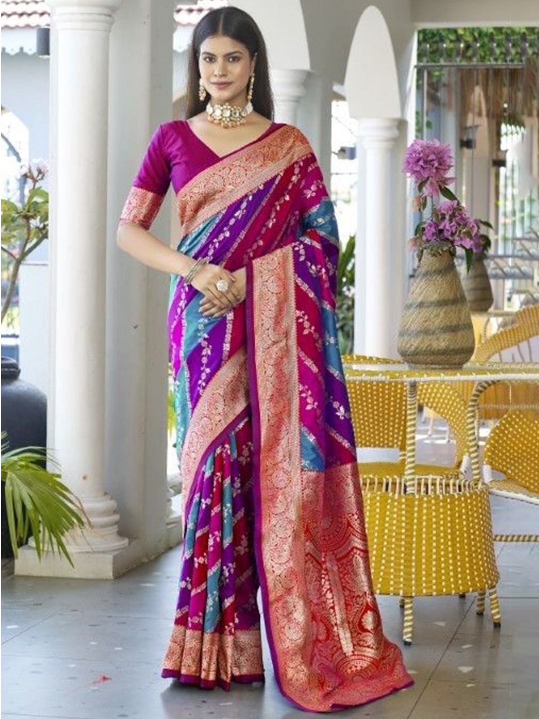 

VISHNU WEAVES Woven Design Zari Silk Banarasi Saree With Unstitched Blouse Piece, Pink