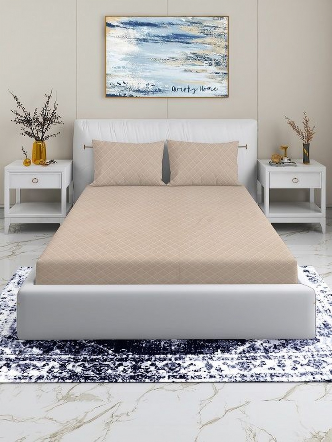 

Quirky Home Embossa Beige Geometric Cotton 180 TC King Bedsheet Set-2.74m X2.74m