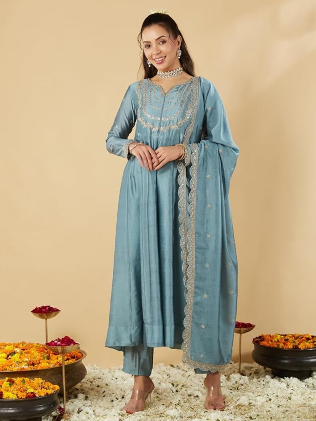 

KALINI Floral Yoke Design Sequinned Notch Neck A-Line Kurta With Trousers & Dupatta, Blue