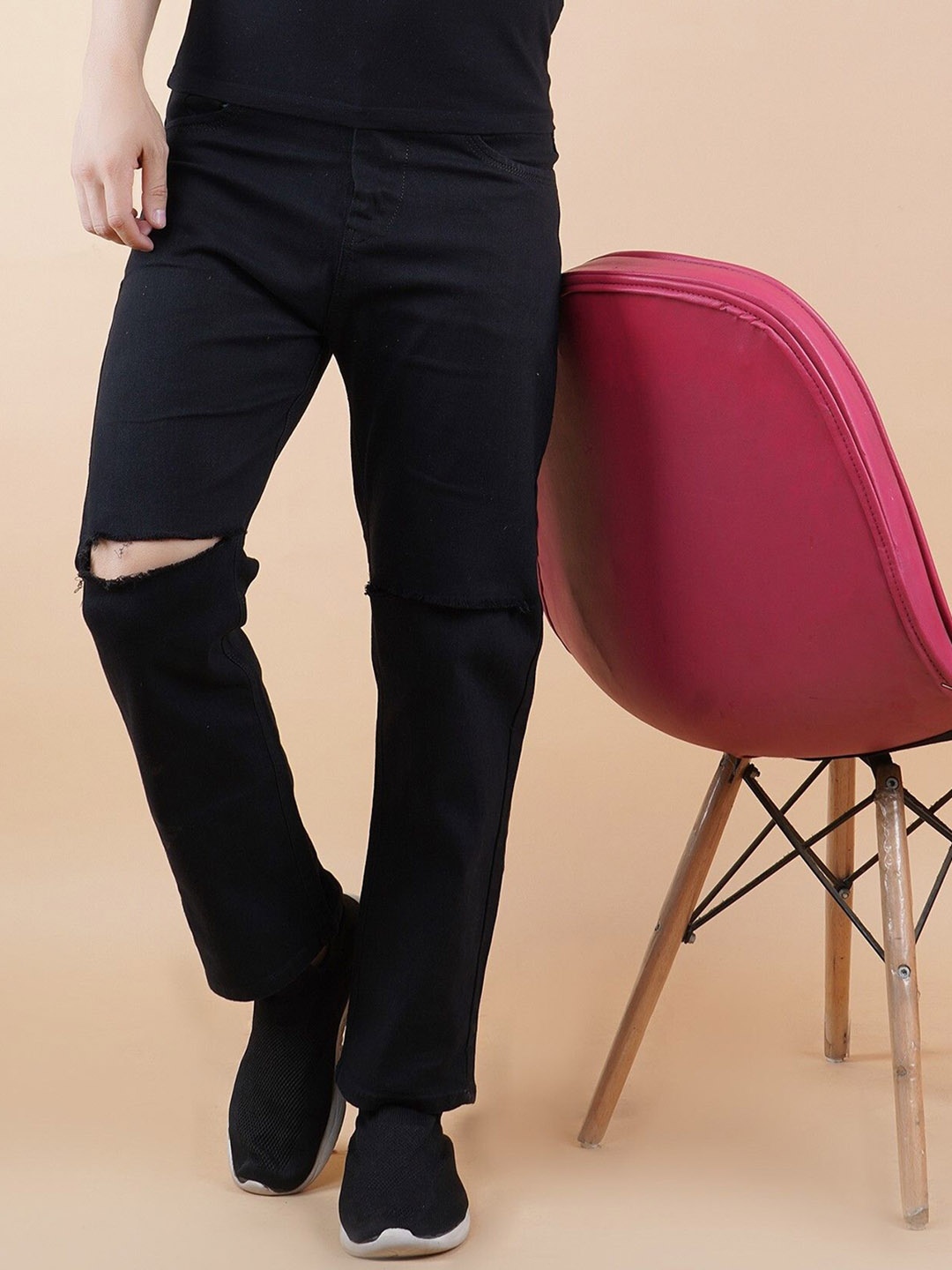 

LINARIA Men Cotton Classic Relaxed Fit Slash Knee Jeans, Black