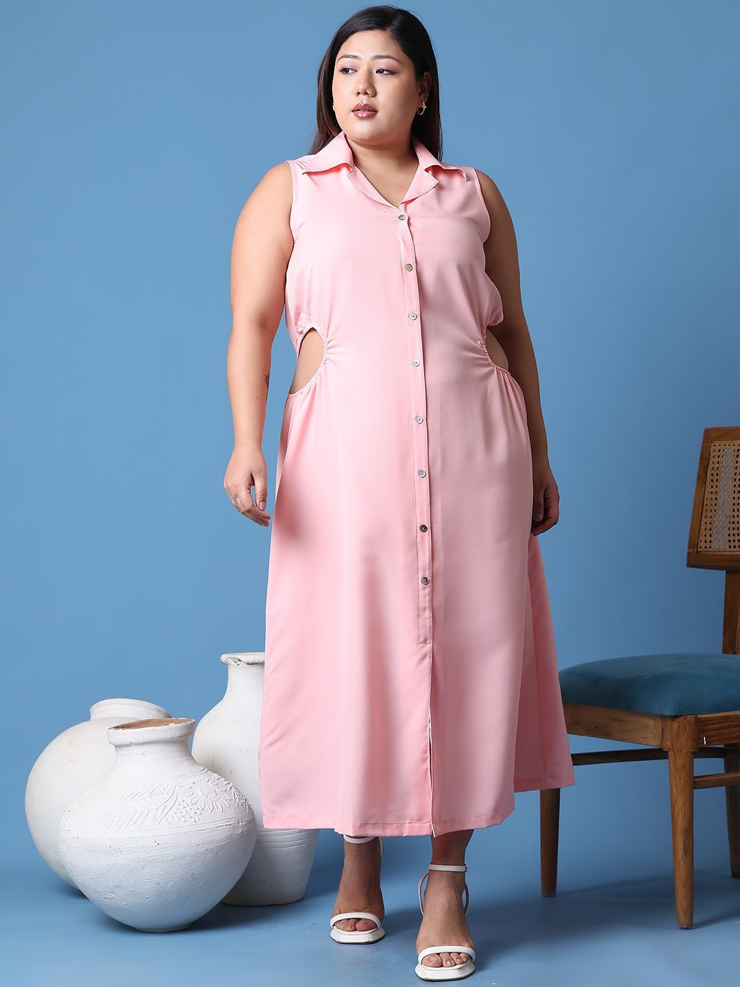 

TheRebelinme Women Shirt Collar Midi A-Line Dress, Pink