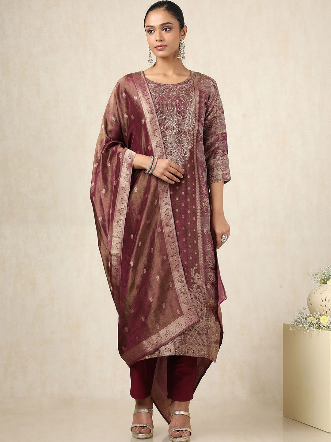 

Soch Ethnic Motifs Printed Sequinned Straight Kurta With Trousers And Dupatta, Rust