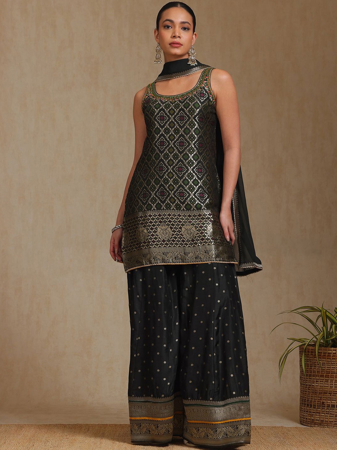 

Soch Ethnic Motifs Woven Design Art Silk Straight Kurta With Palazzos And Dupatta, Black