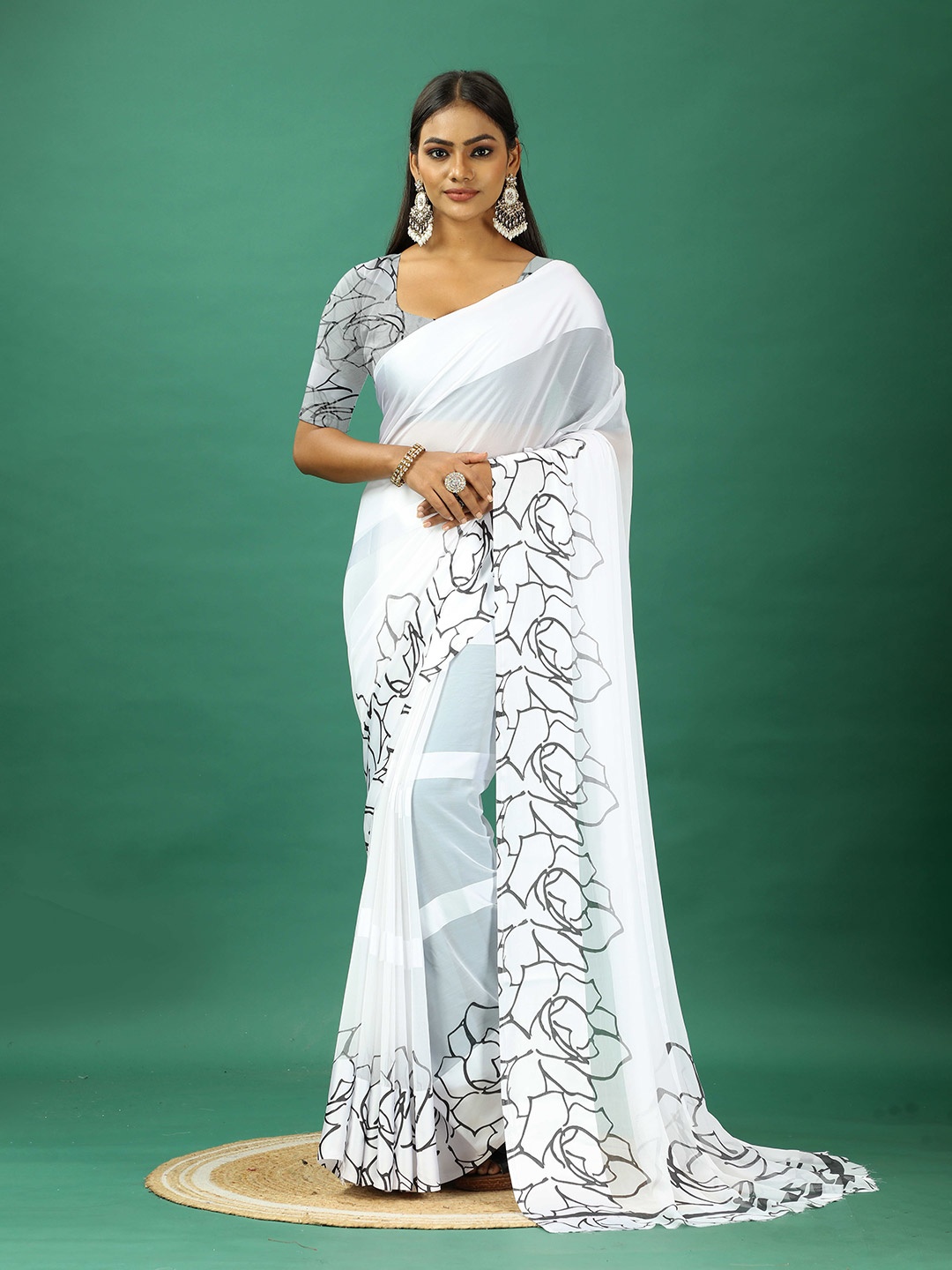 

VIRENDRA TEXTILES Women Printed Satin Saree With Blouse Piece, White