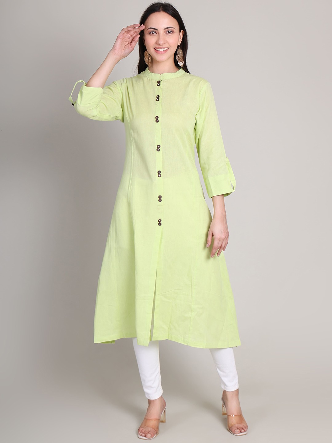 

DELIS Mandarin Collar Thread Work Linen A-Line Kurta, Green