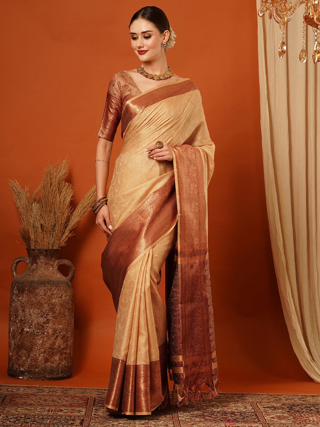

yourwish Woven Design Zari Saree, Beige