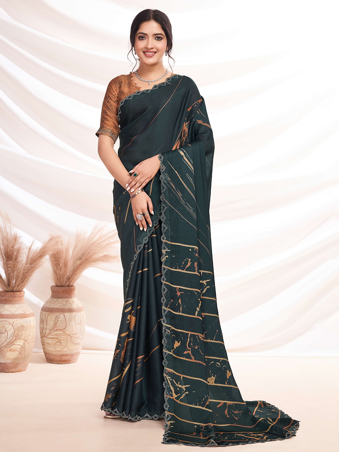 

all about you Striped Beads and Stones Satin Saree, Black
