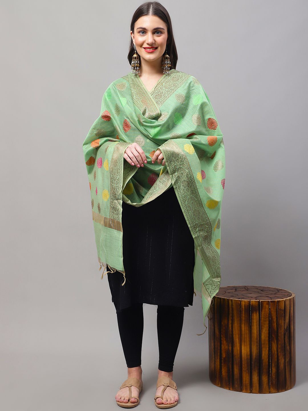 

LOOM LEGACY Ethnic Motifs Woven Design Jacquard Cotton Silk Dupatta, Green