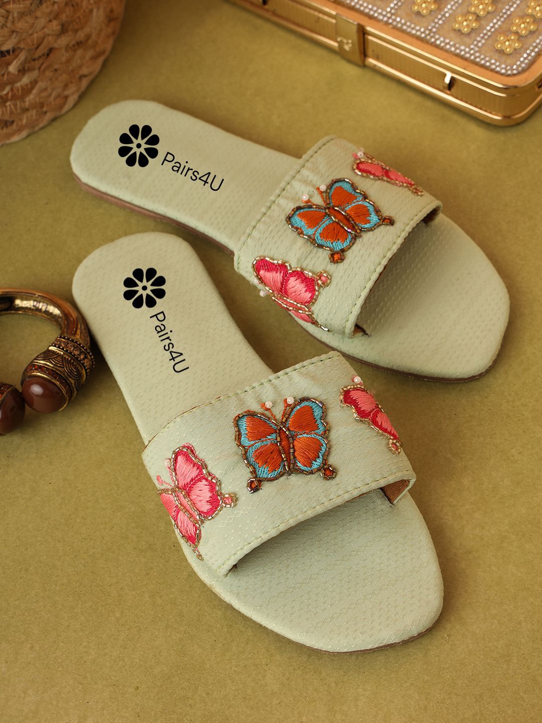 

Pairs4U Women Embroidered Open Toe Flats, Lime green