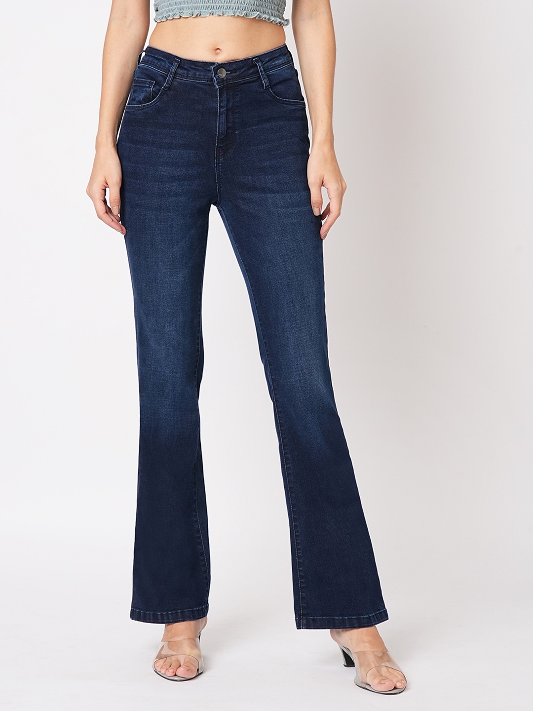 

Kraus Jeans Women Flared High-Rise Light Fade Cotton Jeans, Blue