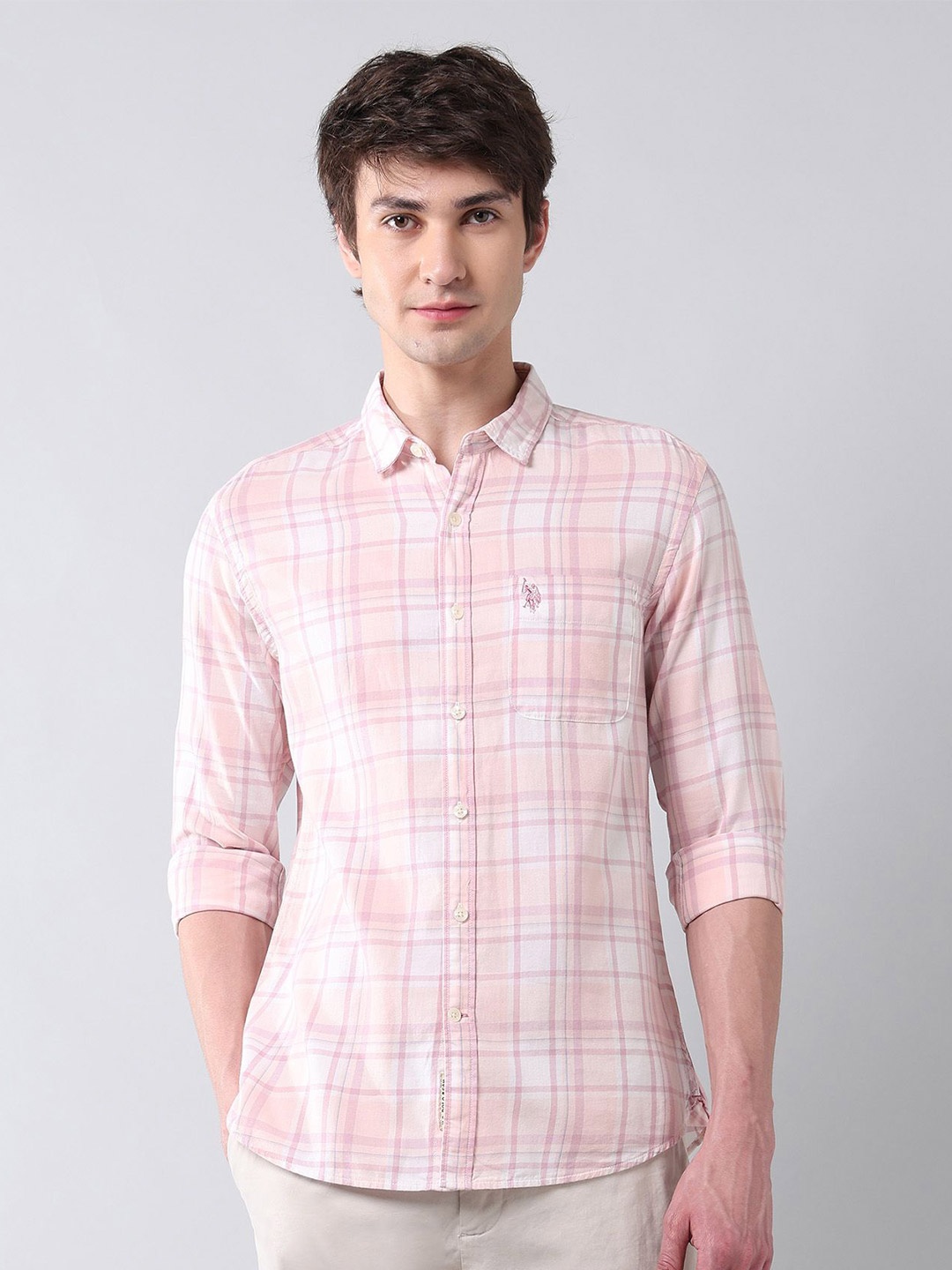 

U.S. Polo Assn. Denim Co. Men Classic Regular Fit Checked Cotton Casual Shirt, Pink
