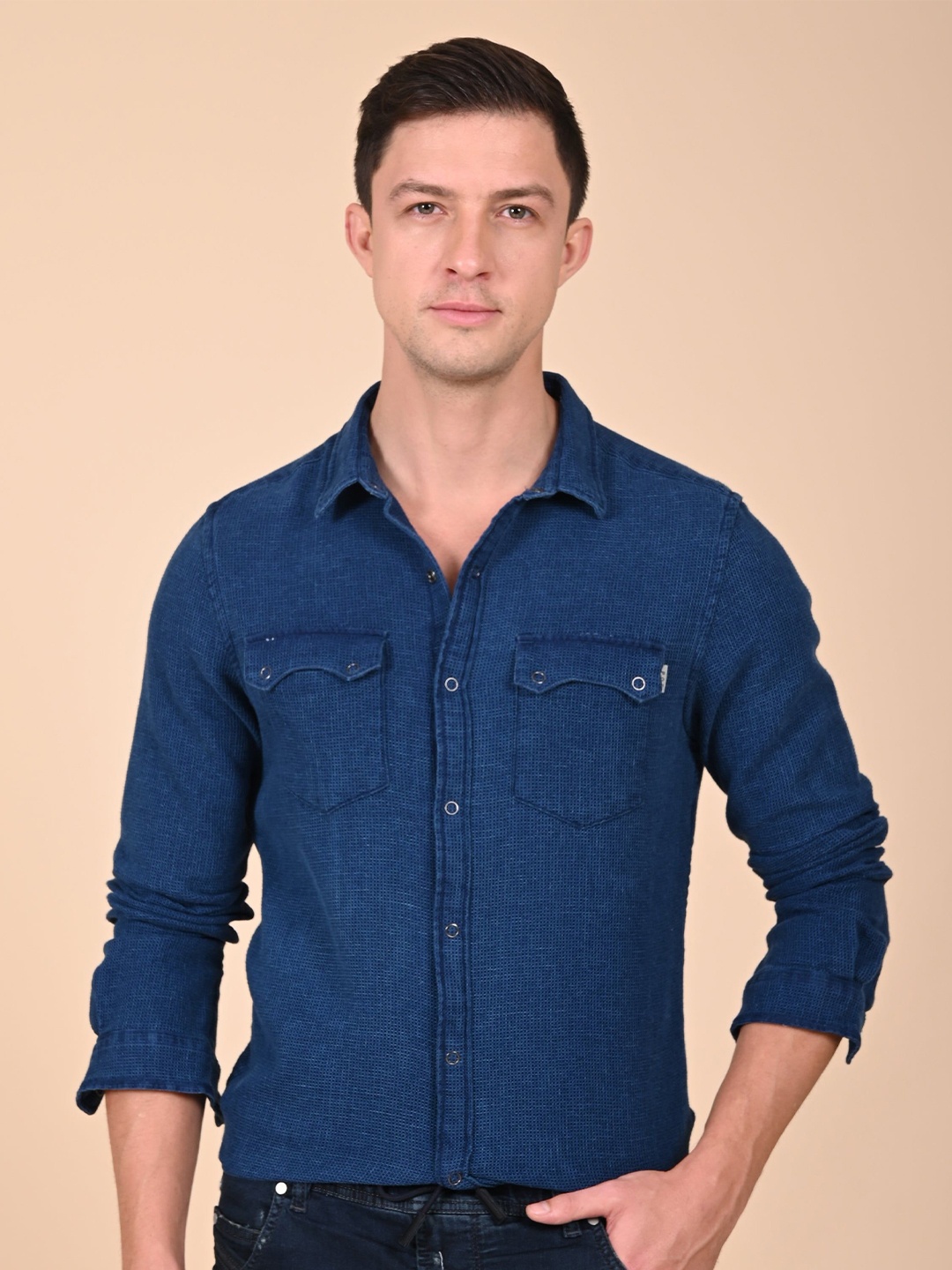 

POE Men Slim Fit Spread Collar Textured Cotton Casual Shirt, Navy blue