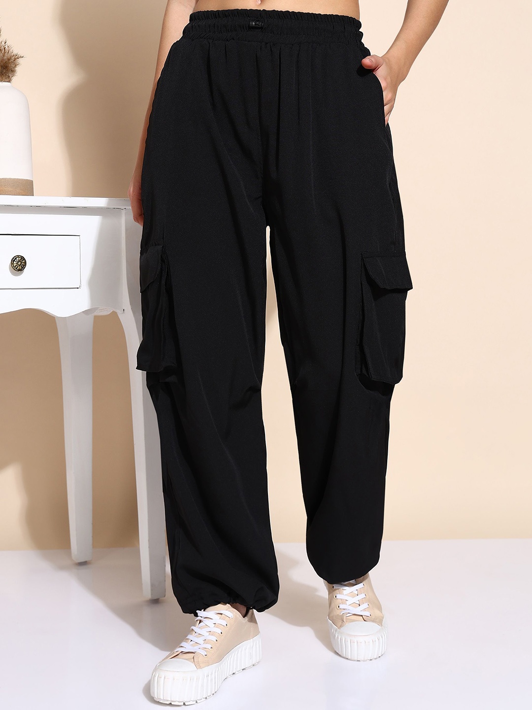 

Funday Fashion Women Relaxed Fit Mid-Rise Cargos Trousers, Black