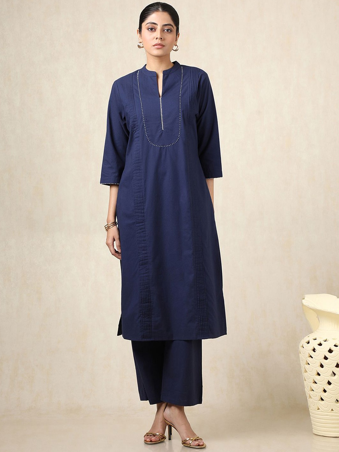 

Soch Pleated Mandarin Collar A-Line Kurta With Palazzos, Navy blue