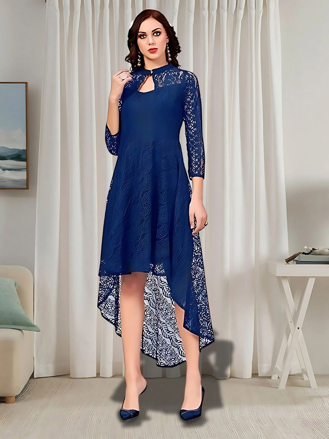 

ZELZIS Blue Coding Net With Inner High Low Dress