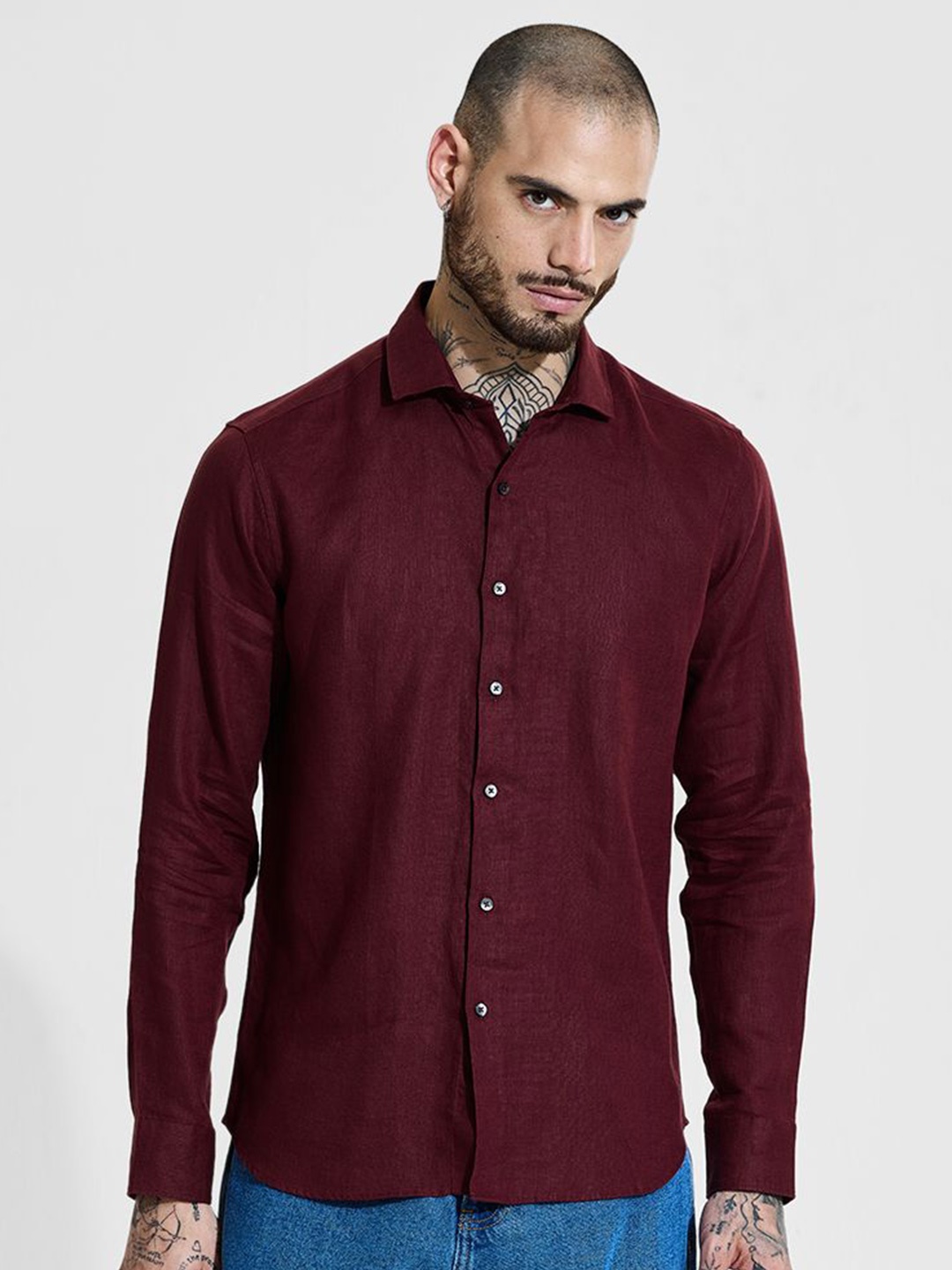 

Snitch Men Classic Slim Fit Spread Collar Solid Linen Casual Shirt, Maroon