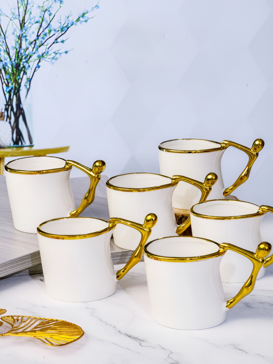 

Roxx White & Gold-Toned 6 Pieces Dishwasher Safe Porcelain Glossy Finish Mugs 190ml