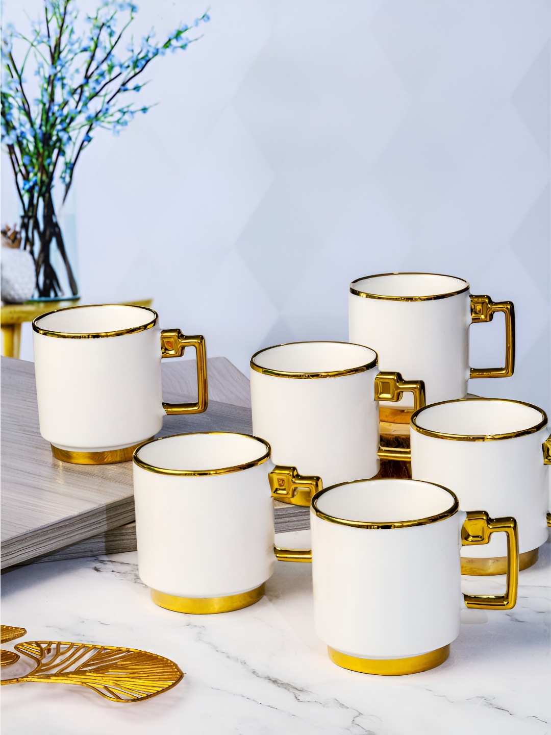 

Roxx White & Gold-Toned 6 Pieces Dishwasher Safe Porcelain Glossy Finish Mugs 180ml