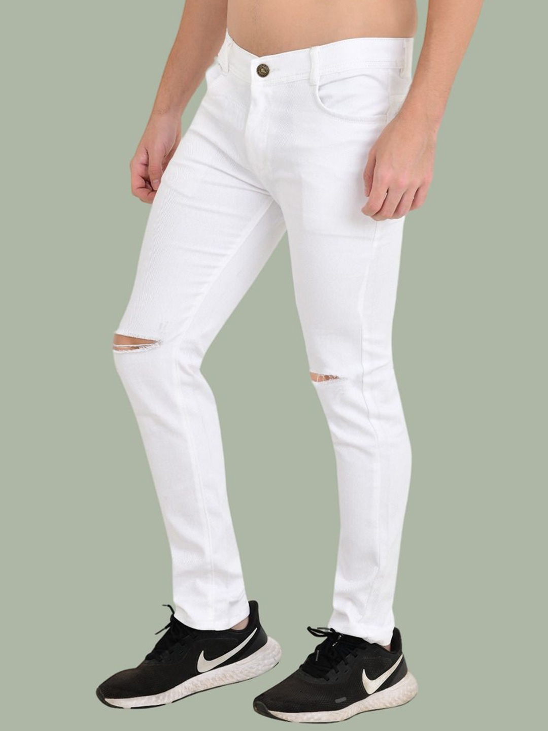 

LINARIA Men Classic Slim Fit Slash Knee Cotton Jeans, White