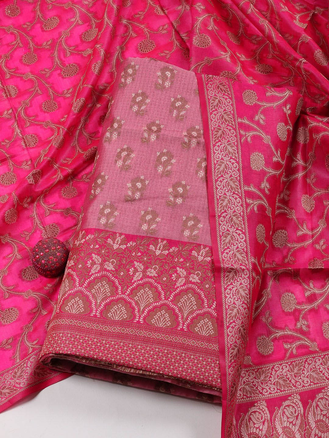 

Meena Bazaar Floral Woven Design Art Silk Unstitched Dress Material, Pink