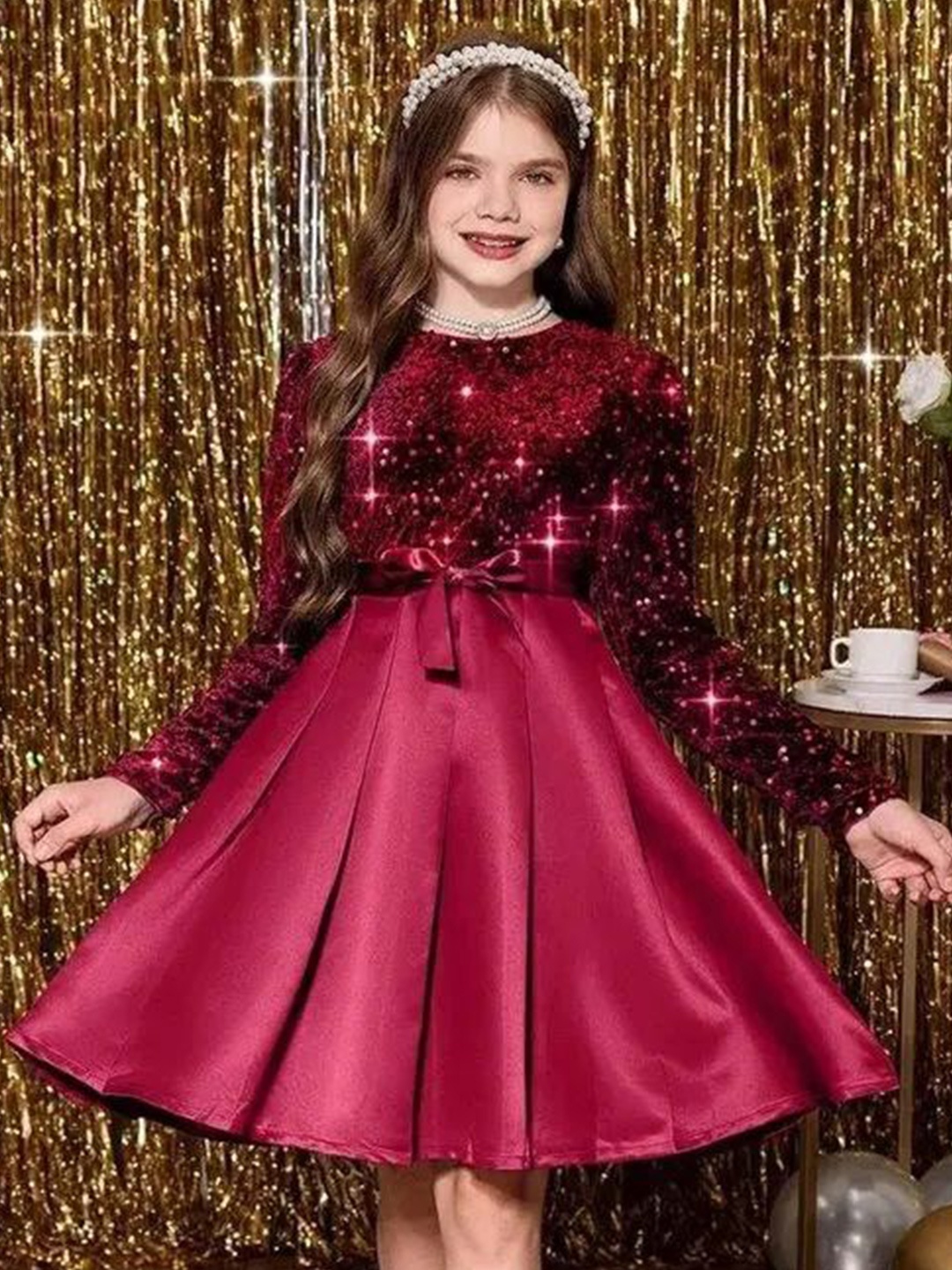 

SK DRESSES Girls Embellished Velvet Fit & Flare Dress, Maroon