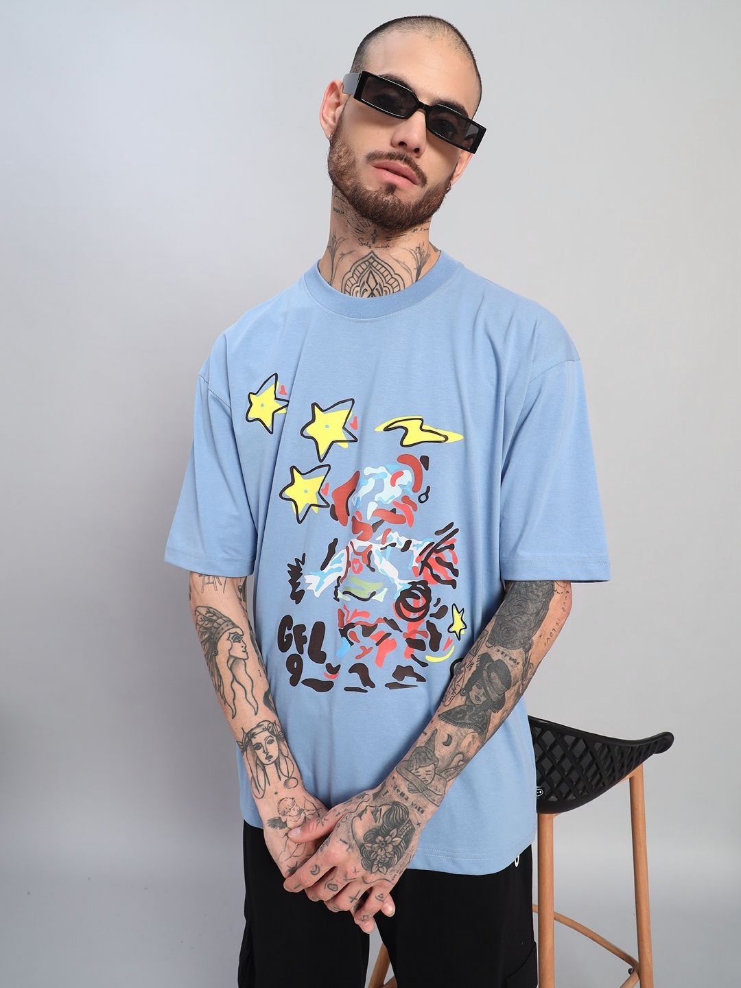 

GRIFFEL Men Printed Drop-Shoulder Sleeves Ultralite T-shirt, Turquoise blue
