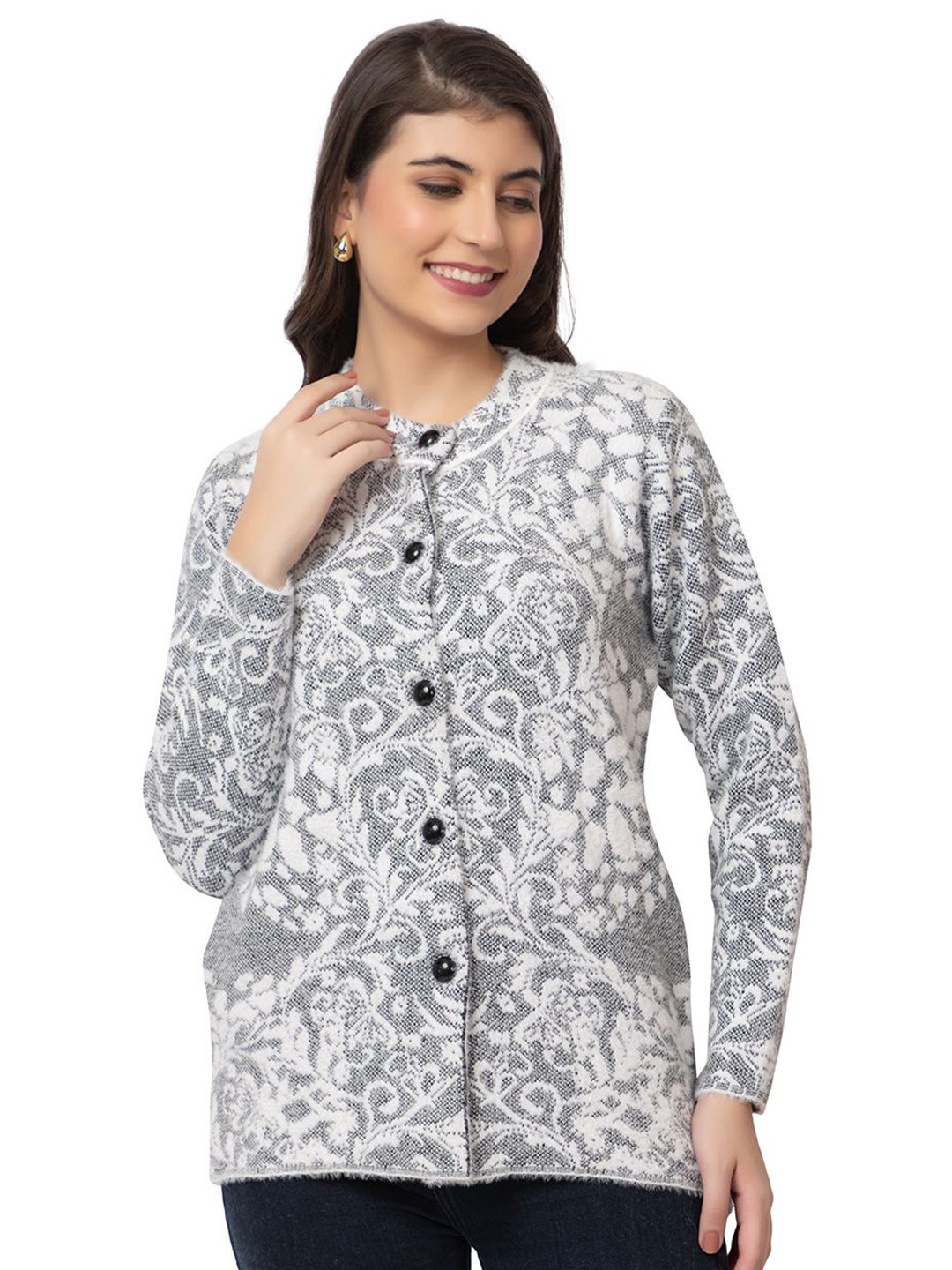 

Dadu Dayal Women Self Design Floral Woollen Cardigan Sweaters, Black