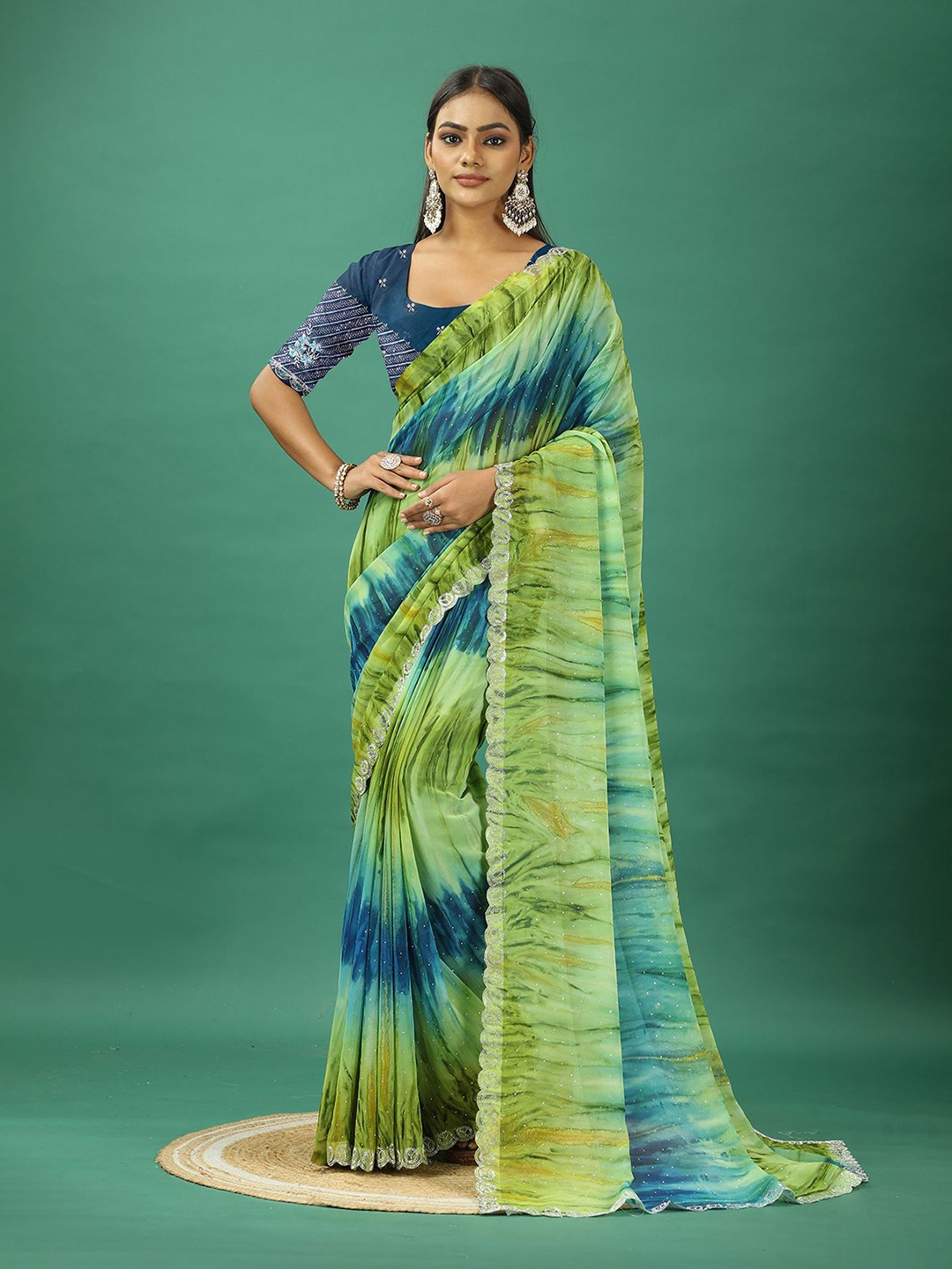 

VIRENDRA TEXTILES Sequinned Pure Georgette Saree, Blue