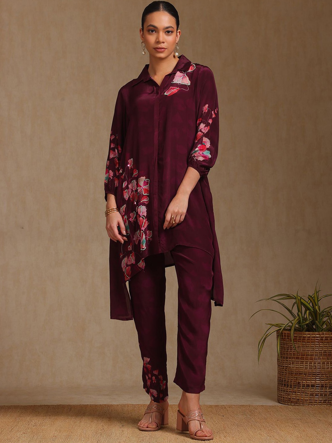 

Soch Floral Botanical Printed Shirt Collar Sequinned Tunic With Trousers, Purple