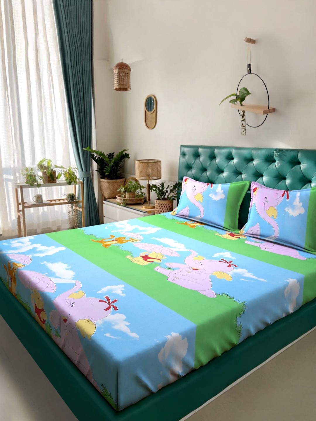 

KLOTTHE Blue & Green Printed Pure Cotton 400 TC Double Bedsheet Set 2.5 m x 2.25 m
