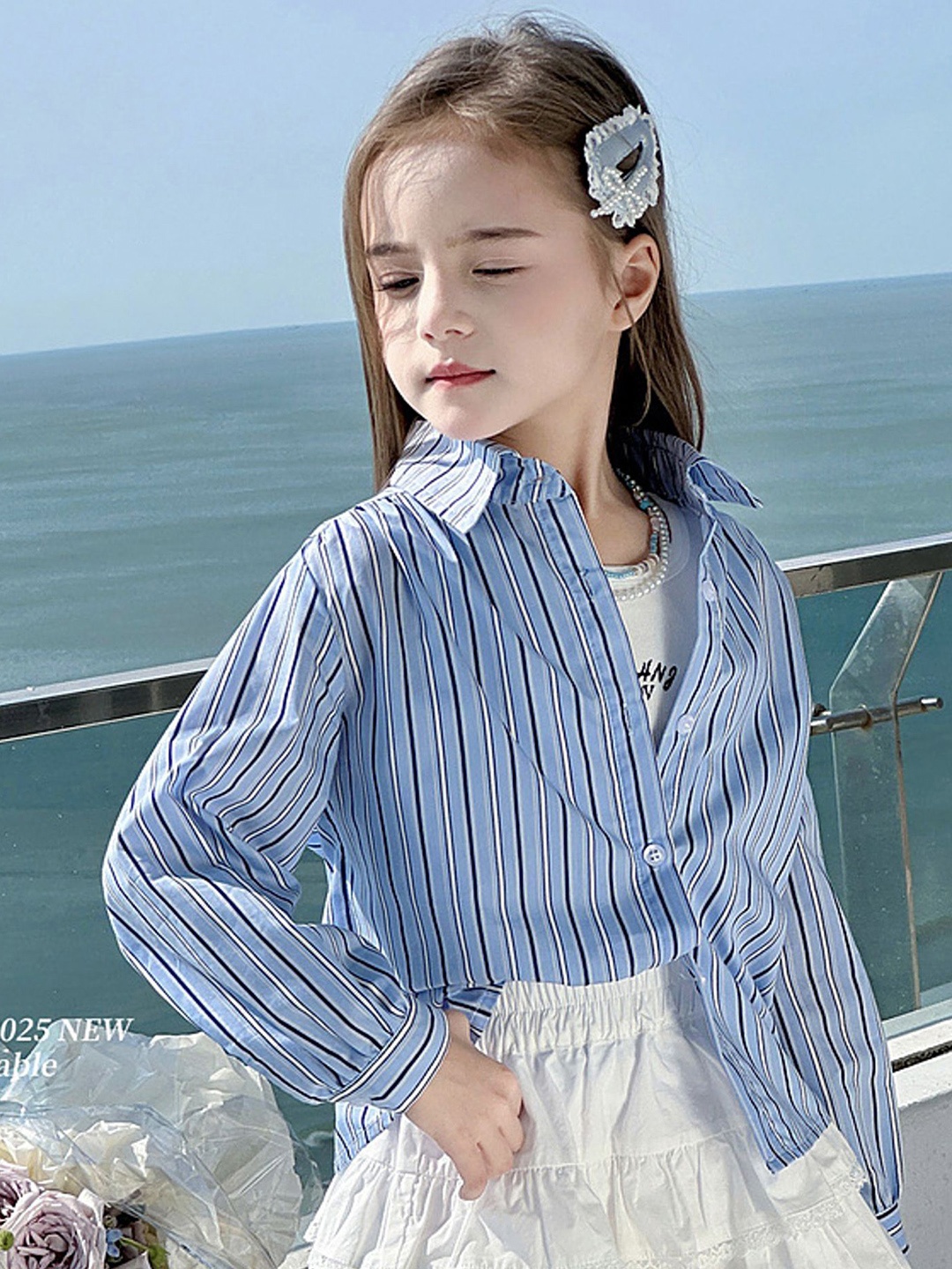 

LULU & SKY Girls Relaxed Fit Spread Collar Vertical Striped Cotton Casual Shirt, Blue