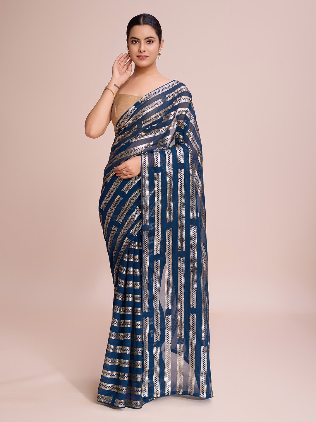 

THE52 Sequinned Embellished Saree With Blouse Piece, Blue