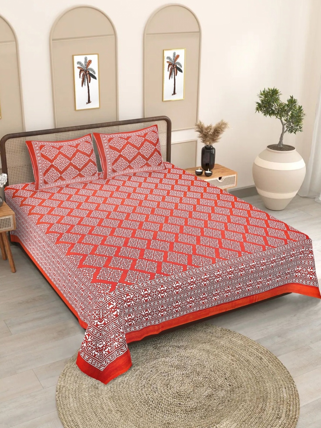 

Texstylers Red Ethnic Motifs Printed Cotton 186TC Queen Size Bedsheet Set 2.08 m x 2.28 m