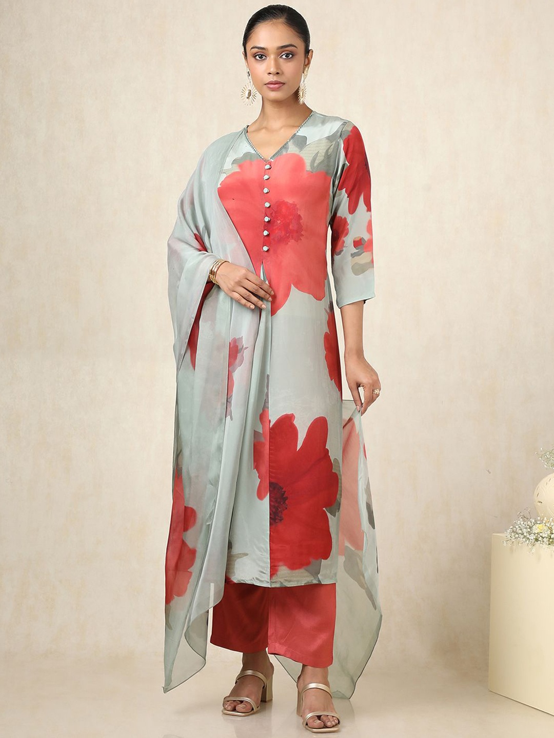 

Soch Floral Botanical Printed Pleated V-Neck A-Line Kurta With Trousers And Dupatta, Green