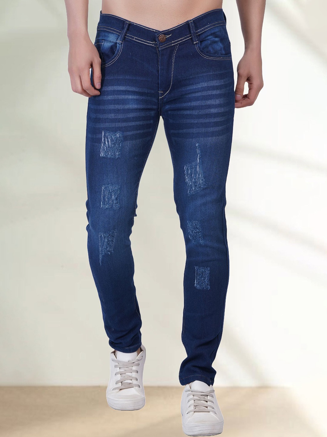 

LINARIA Men Classic Mildly Distressed Heavy Fade Slim Fit Mid-Rise Jeans, Blue