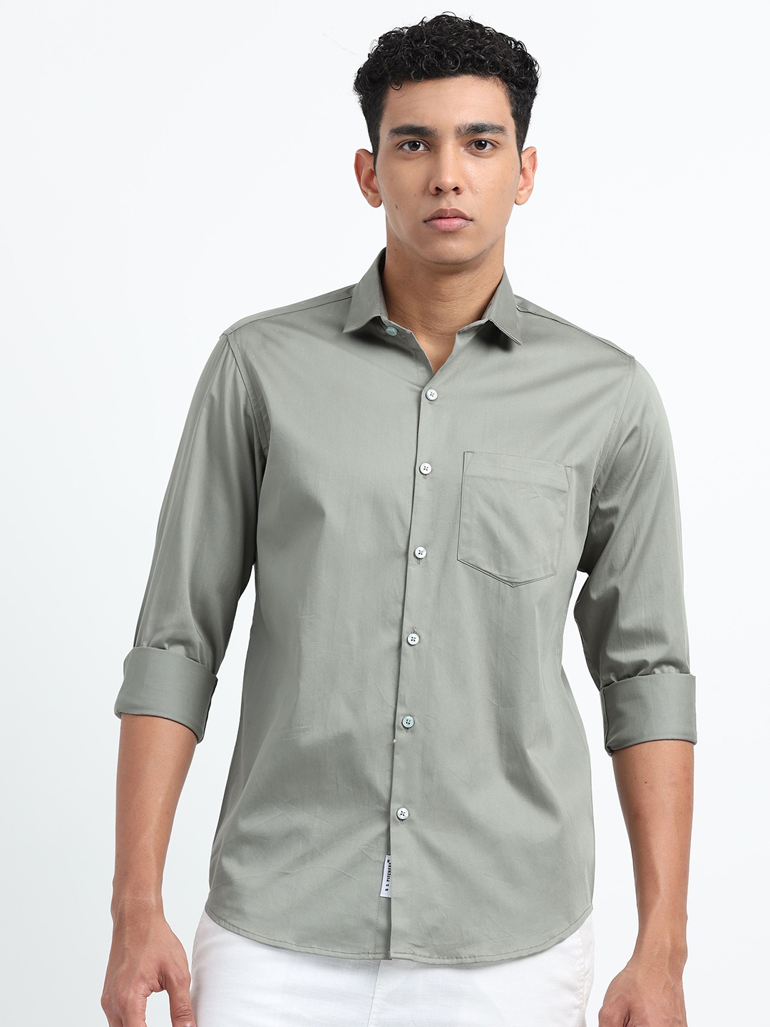

U.S. PITCHERS Men Smart Slim Fit Spread Collar Solid Satin Casual Shirt, Olive