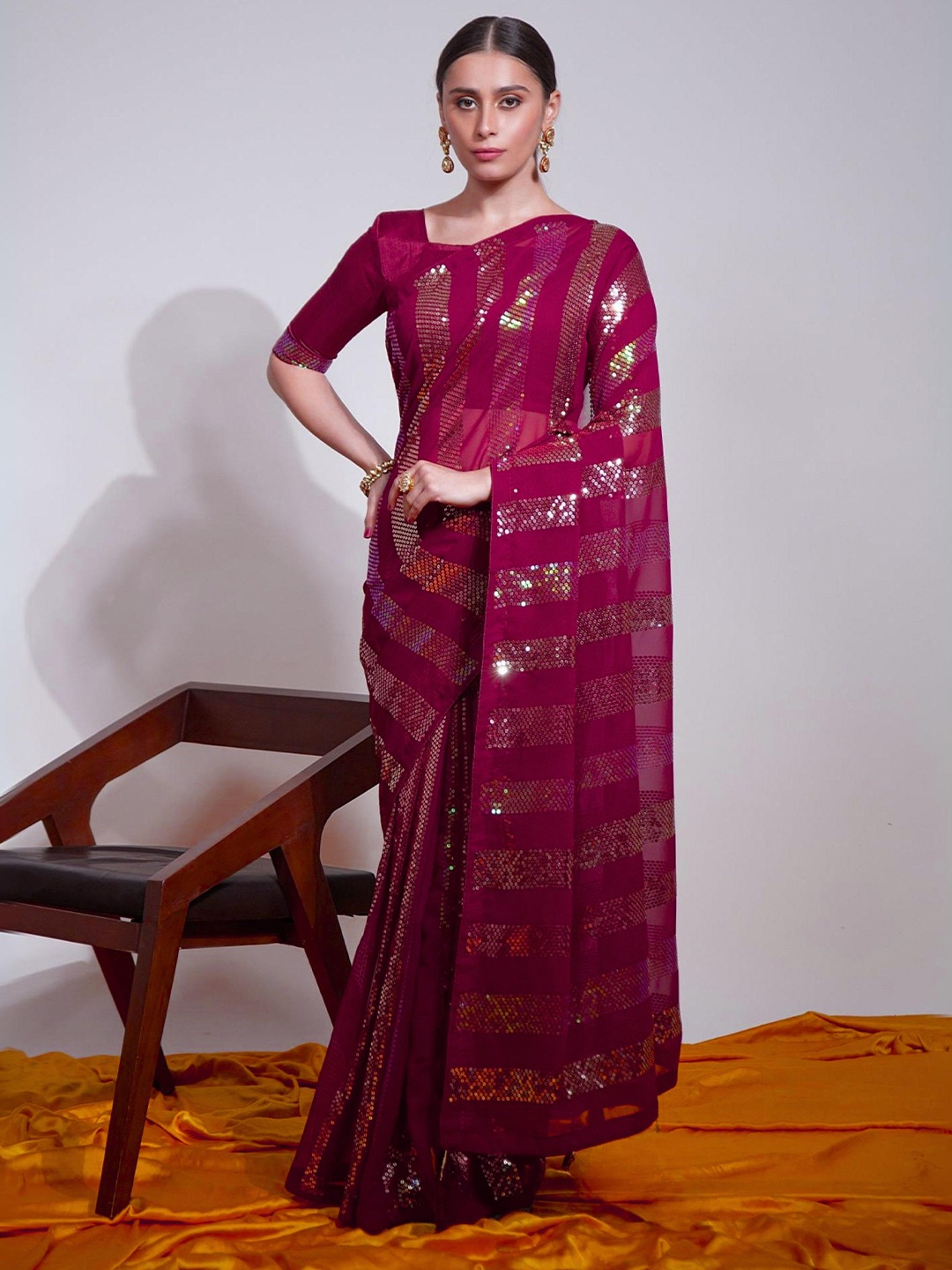

THE52 Embellished Sequinned Pure Georgette Saree, Pink
