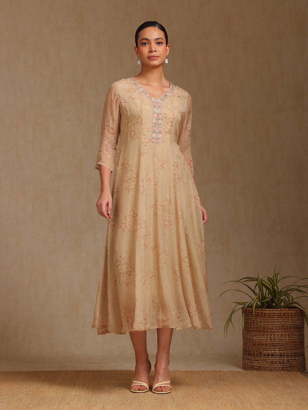 

Soch Women Floral Printed Midi A-Line Dress, Beige