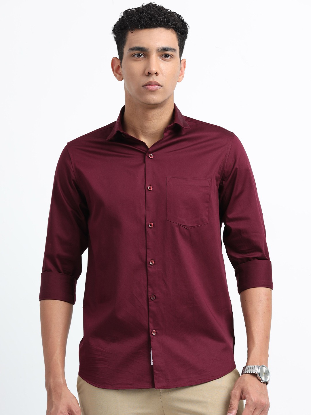 

U.S. PITCHERS Men Smart Slim Fit Spread Collar Solid Satin Casual Shirt, Red